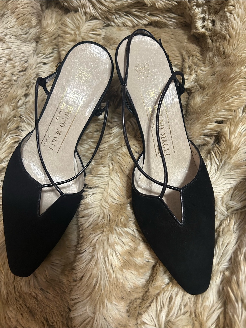 Bruno Magli Black Suede Pointed Slingback Pumps with Delicate Straps